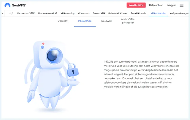 Website NordVPN met informatie over IKEv2