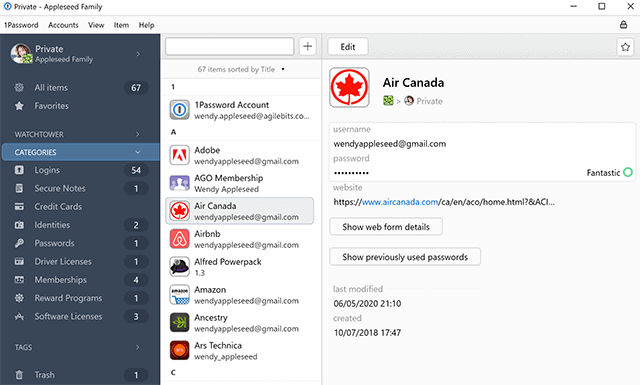 Screenshot van de 1Password Software
