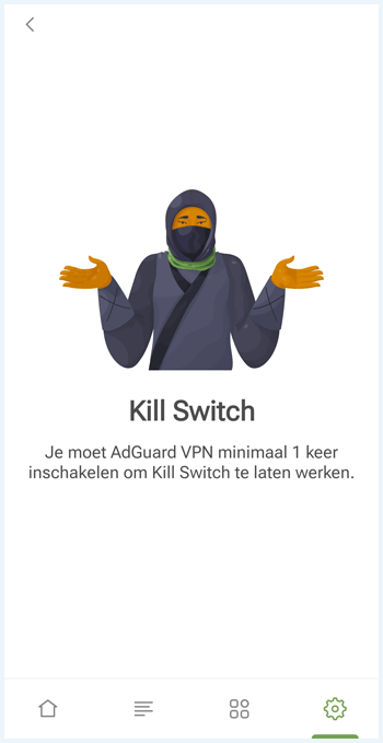 Het scherm "Kill Switch" in de AdGuard VPN Android app