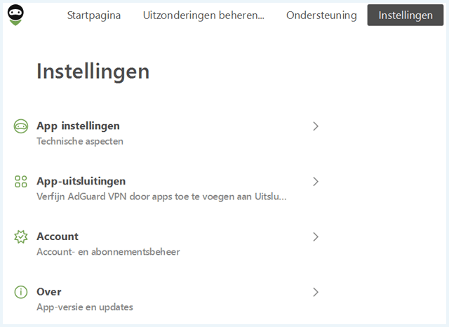 Het scherm "Instellingen" in de AdGuard VPN Windows App