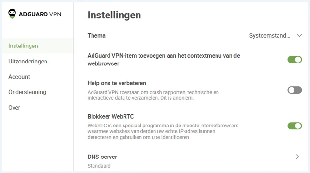 Het scherm "Instellingen" in de AdGuard VPN App