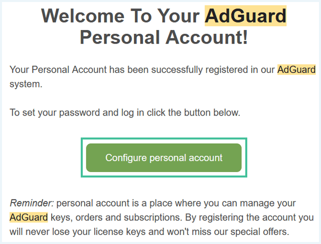 De e-mail "Welcome To Your AdGuard Personal Account" waarbij de knop is uitgelicht