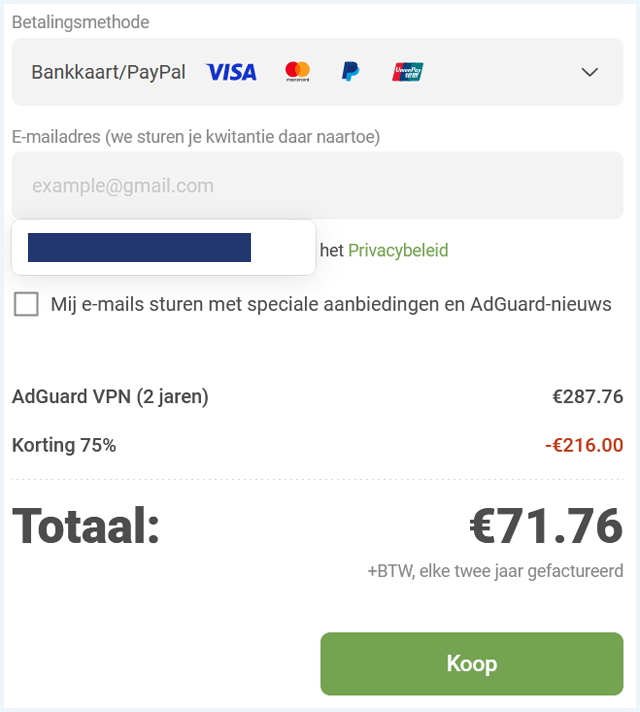 Formulier om AdGuard VPN af te rekenen
