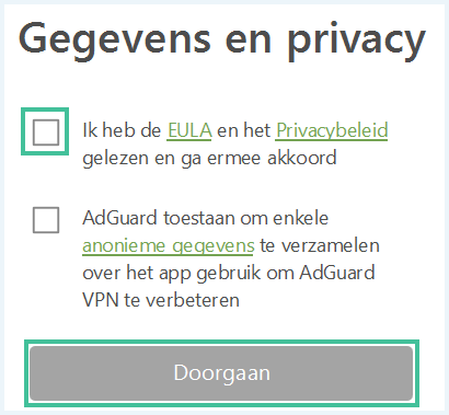 Het scherm "Gegevens en privacy" in de installatiewizard van AdGuard VPN