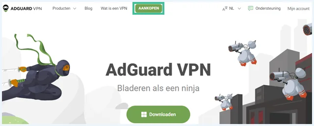 Homepage van AdGuard VPN waarbij "Aankopen" is uitgelicht