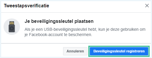 Optie in Facebook om een beveiligingssleutel te registreren