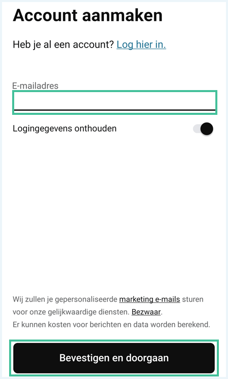 Scherm "Account aanmaken" van Klarna waarbij "E-mailadres" is uitgelicht