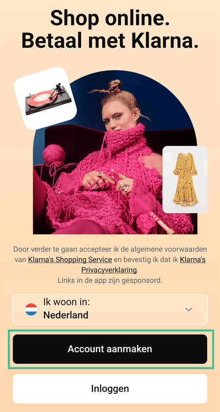 Homescherm van Klarna waarbij "Account Aanmaken" is uitgelicht