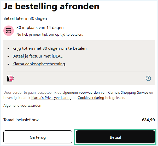 Scherm om je bestelling af te ronden met Klarna