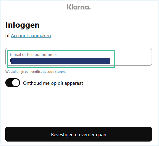 Inlogscherm van Klarna waarbij "E-mail of telefoonnummer" is uitgelicht
