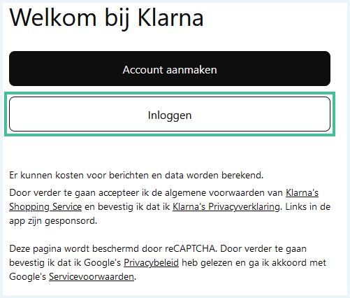 Scherm "Welkom bij Klarna" waarbij "Inloggen" is uitgelicht