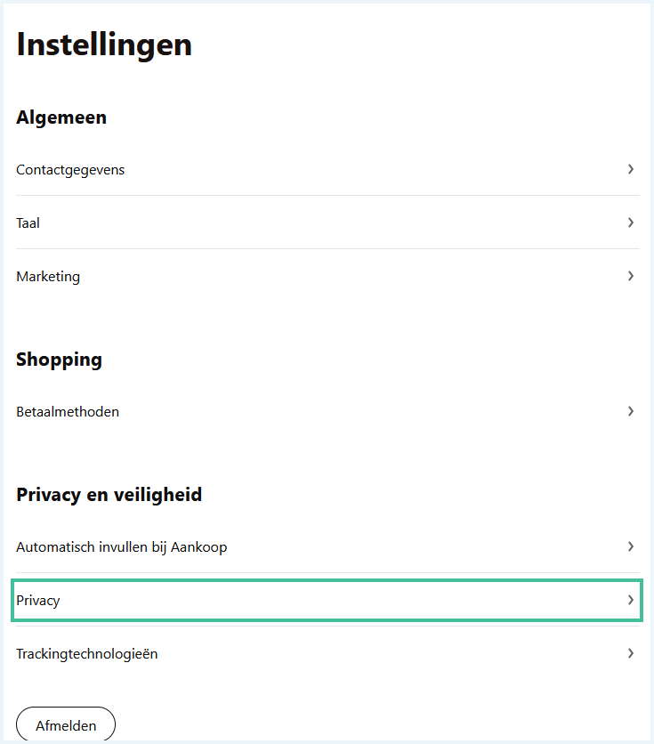 Instellingen van Klarna waarbij "Privacy" is uitgelicht
