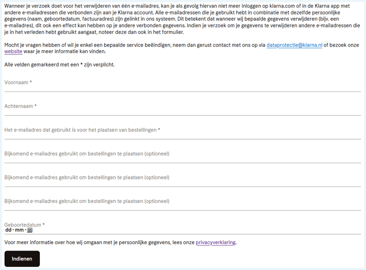 Formulier voor het invullen van je gegevens bij het opvragen van je data bij Klarna
