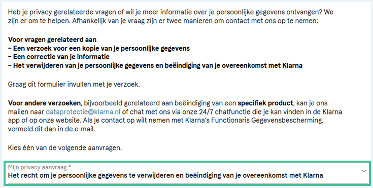 Knop om je persoonlijke gegevens te verwijderen op de Klarna website