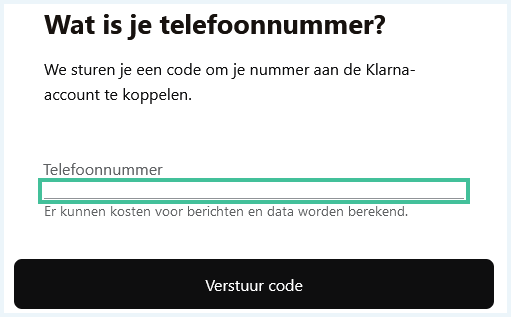 Scherm om je telefoonnummer in te vullen zodat je je account kunt verifiëren bij Klarna