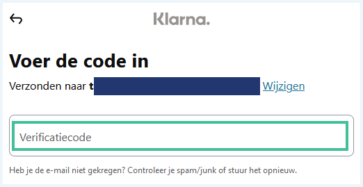 Scherm om een verificatiecode in te voeren die je in je E-mail hebt ontvangen bij Klarna