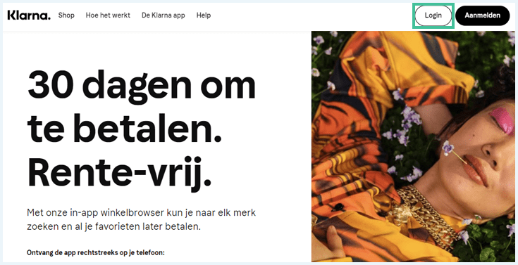 Homepage van de Klarna website waarbij "Login" is uitgelicht