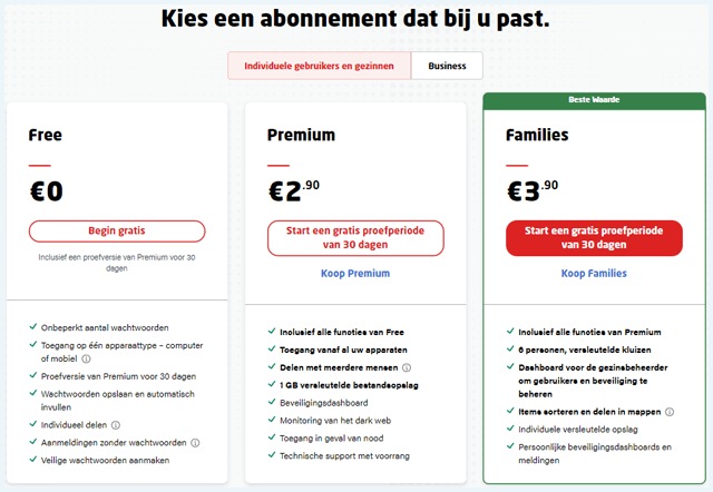 Abonnementen met prijs van LastPass
