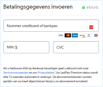 Formulier om betalingsgegevens in te voeren bij het afrekenen van LastPass