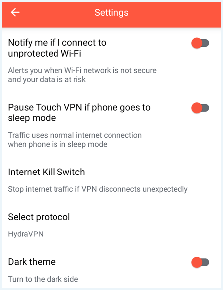 De pagina "Settings" in de Touch VPN mobiele app op Android