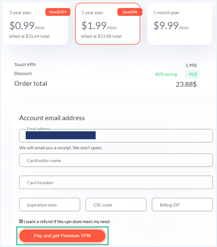 De checkout pagina op de Touch VPN website waarbij de knop "Pay and get Prmium VPN" is uitgelicht