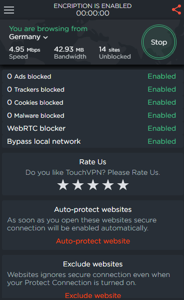 De browserextensie van Touch VPN software die verbonden is met een Duitse server