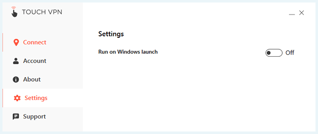 De pagina "Settings" in de Touch VPN software