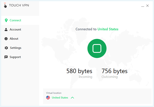 De pagina "Connect" in de Touch VPN software waarbij de VPN verbonden is