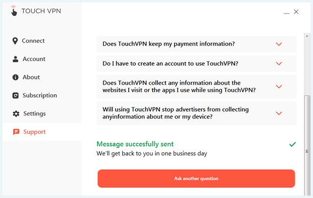 De pagina "Support" in de Touch VPN software