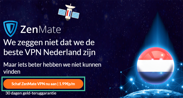 Landingspagina van ZenMate VPN waarbij de knop om te kopen is uitgelicht