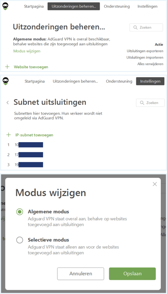 De schermen "Uitzonderingen beheren", "Subnet uitsluitingen" en "Modus Wijzigen" van AdGuard VPN onder elkaar
