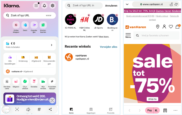 Drie schermen van de Klarna app om een winkel te zoeken