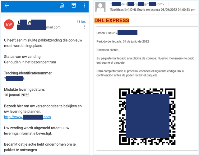 Twee phishing mails naast elkaar, waarvan links een mail met neplink en rechts een mail met nep QR-code