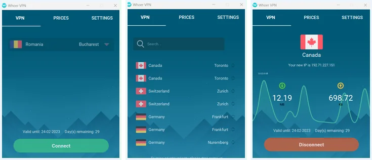 De schermen "home", "Landen" en "Verbonden" van Whoer VPN naast elkaar