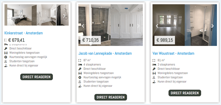 Drie zeer goedkope appartementen in Amsterdam zoals vermeld op de website 123woning