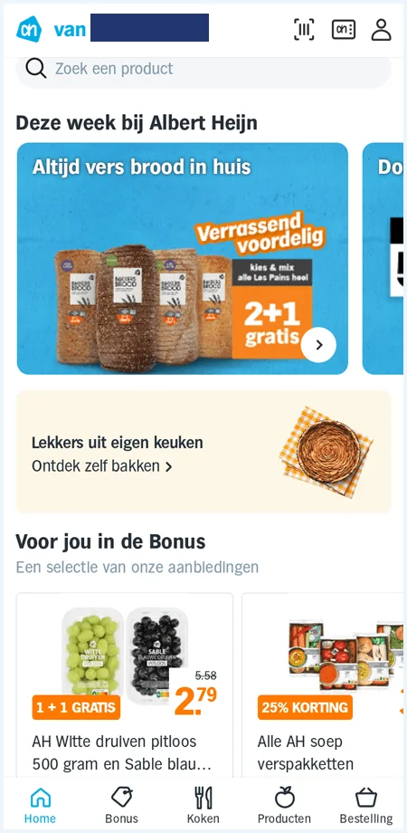 Homescherm van de app van Albert Heijn