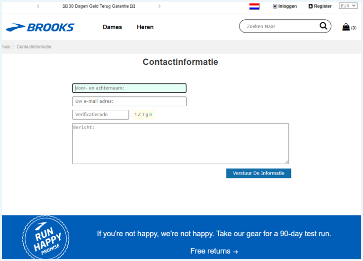 De contactpagina zonder contactgegevens op de webshop Brookshardloopschoenensale