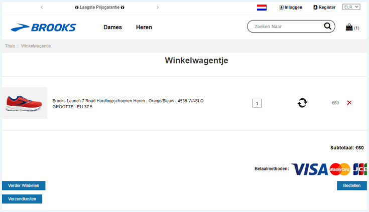 De winkelwagen-pagina op de webshop Brookshardloopschoenensale