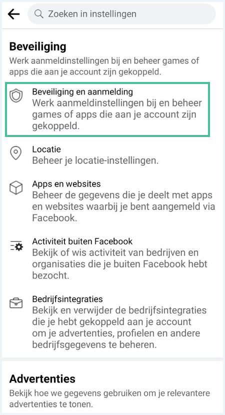 Het menu "Instellingen" in de Facebook app waarbij "Beveiliging en aanmelding" is uitgelicht