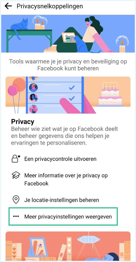 Het scherm "Privacysnelkoppelingen" in de Facebook app waarbij "Meer privacyinstellingen weergeven" is uitgelicht