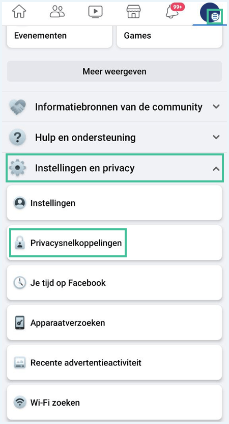 Het hoofdscherm in de Facebook app waarbij de streepjes voor het menu, de knop "Instellingen en privacy" en de knop "Privacysnelkoppelingen" zijn uitgelicht