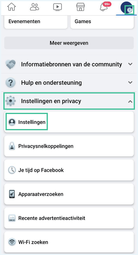 Het hoofdscherm in de Facebook app waarbij de streepjes voor het menu, de knop "Instellingen en privacy" en de knop "Instellingen" zijn uitgelicht