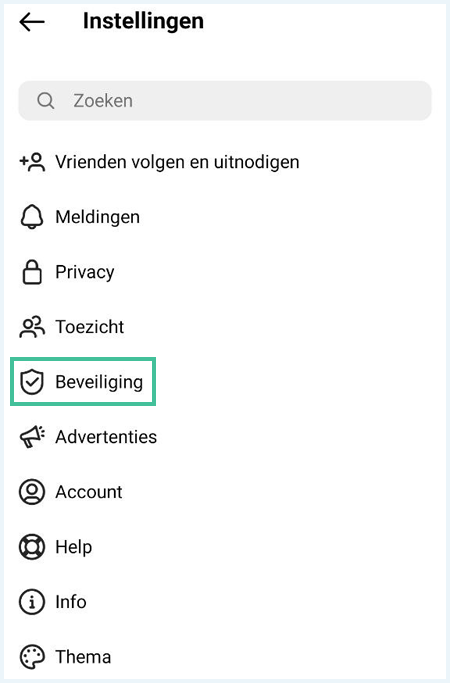 Het menu "Instellingen" in de Instagram app waarbij "Beveiliging" is uitgelicht