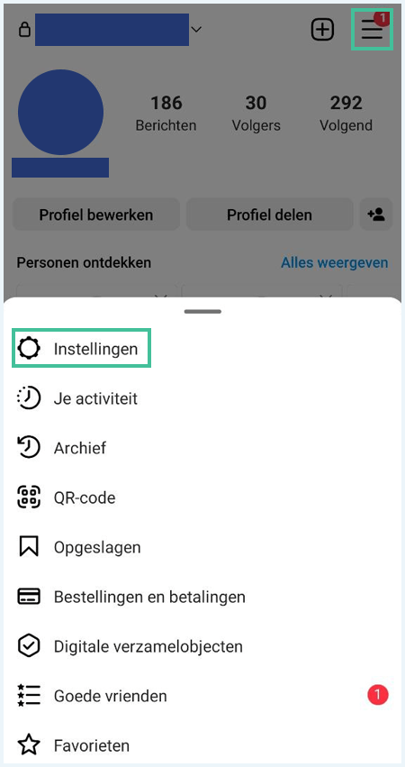 Het hoofdscherm in de Instagram app waarbij de streepjes voor het menu en de knop "Instellingen" zijn uitgelicht