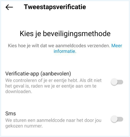 Het scherm "Tweestapsverificatie" in de Instagram app