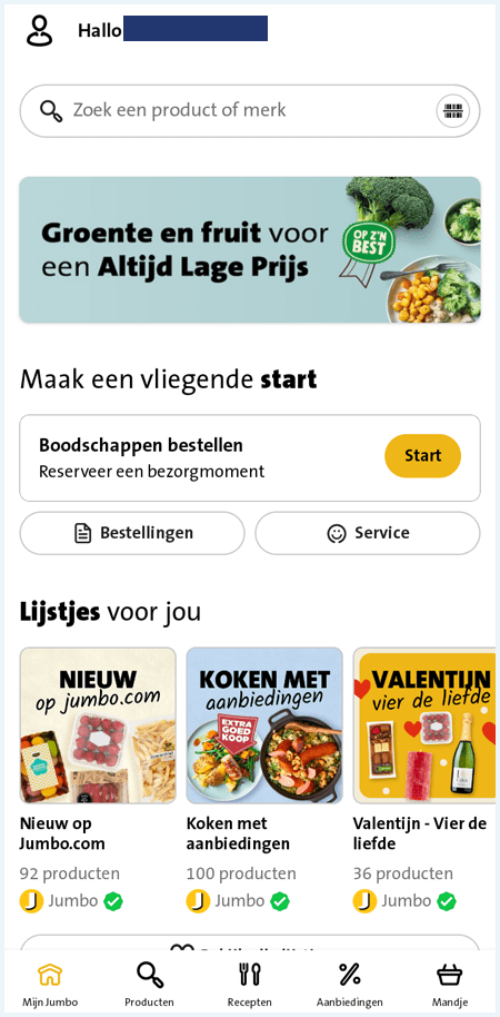 Homescherm van de app van Jumbo