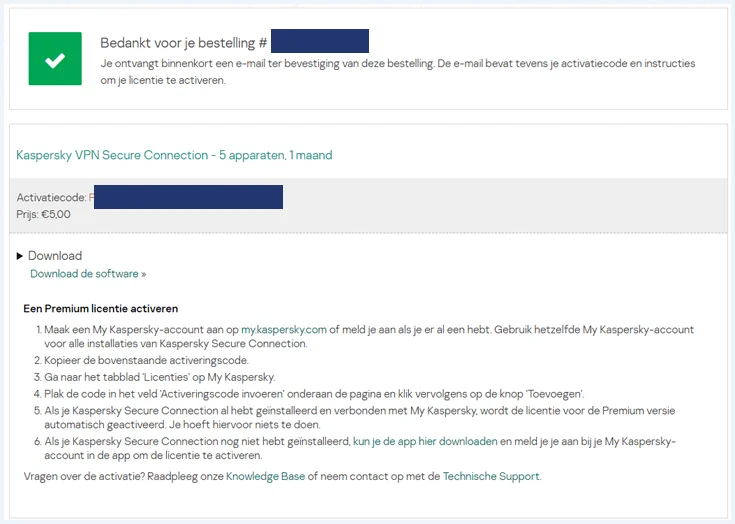 Bevestigingsmail van het bestellen van Kaspersky VPN Secure Connection