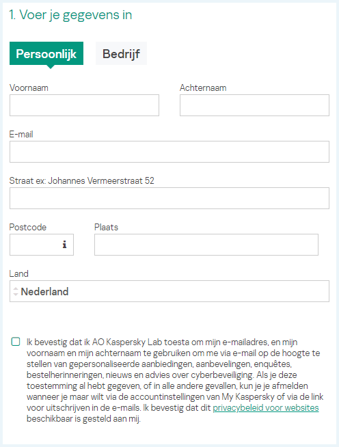 Formulier om je gegeven in te vullen bij het aanmaken van een account op de Kaspersky VPN Secure Connection website