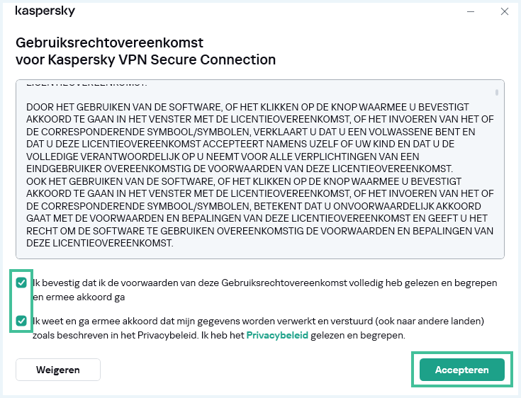 Pagina met de gebruiksrechtovereenkomst in de installatiewizard van Kaspersky VPN Secure Connection