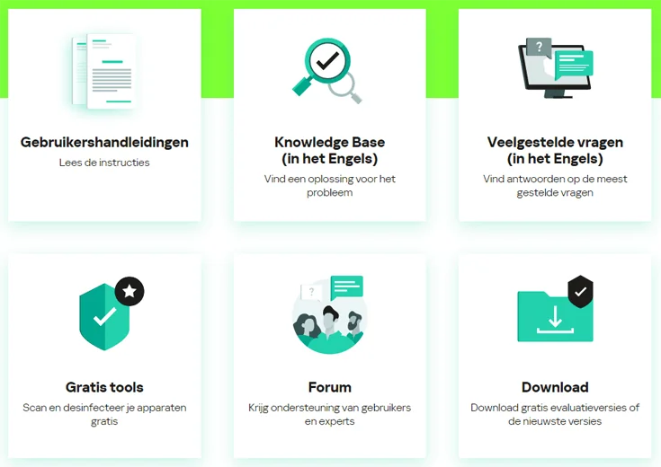 Website met opties om ondersteuning te krijgen op het gebied van Kaspersky producten
